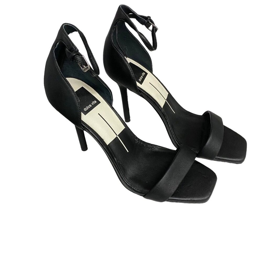 Dolce Vita Women 6.5 Halo Black Leather Square Open Toe Ankle Strap Heel